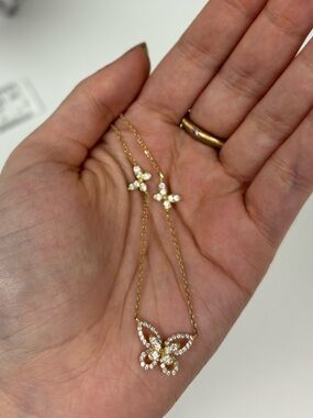 10k Solid Yellow Gold Butterfly Lab Diamond Necklace .92ct 45cm Dainty Romantic